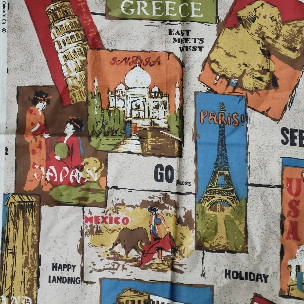 Vintage Gabrielle Cie Fabric 108x46 Travel Global Print Vat Preshrunk Mid Centry
